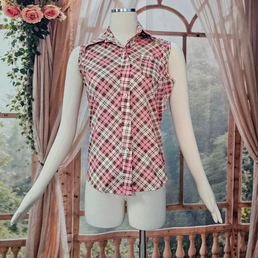 Vintage 1970s Pink Brown Plaid Sleeveless Button Down Shirt Pointed Collar - Picture 2 of 10